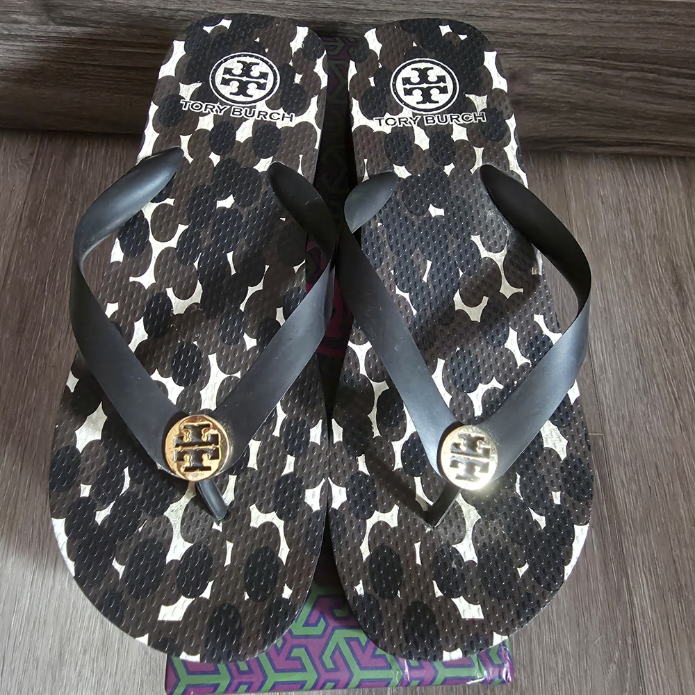 Tory Burch Black and Brown Wedge Flip Flops